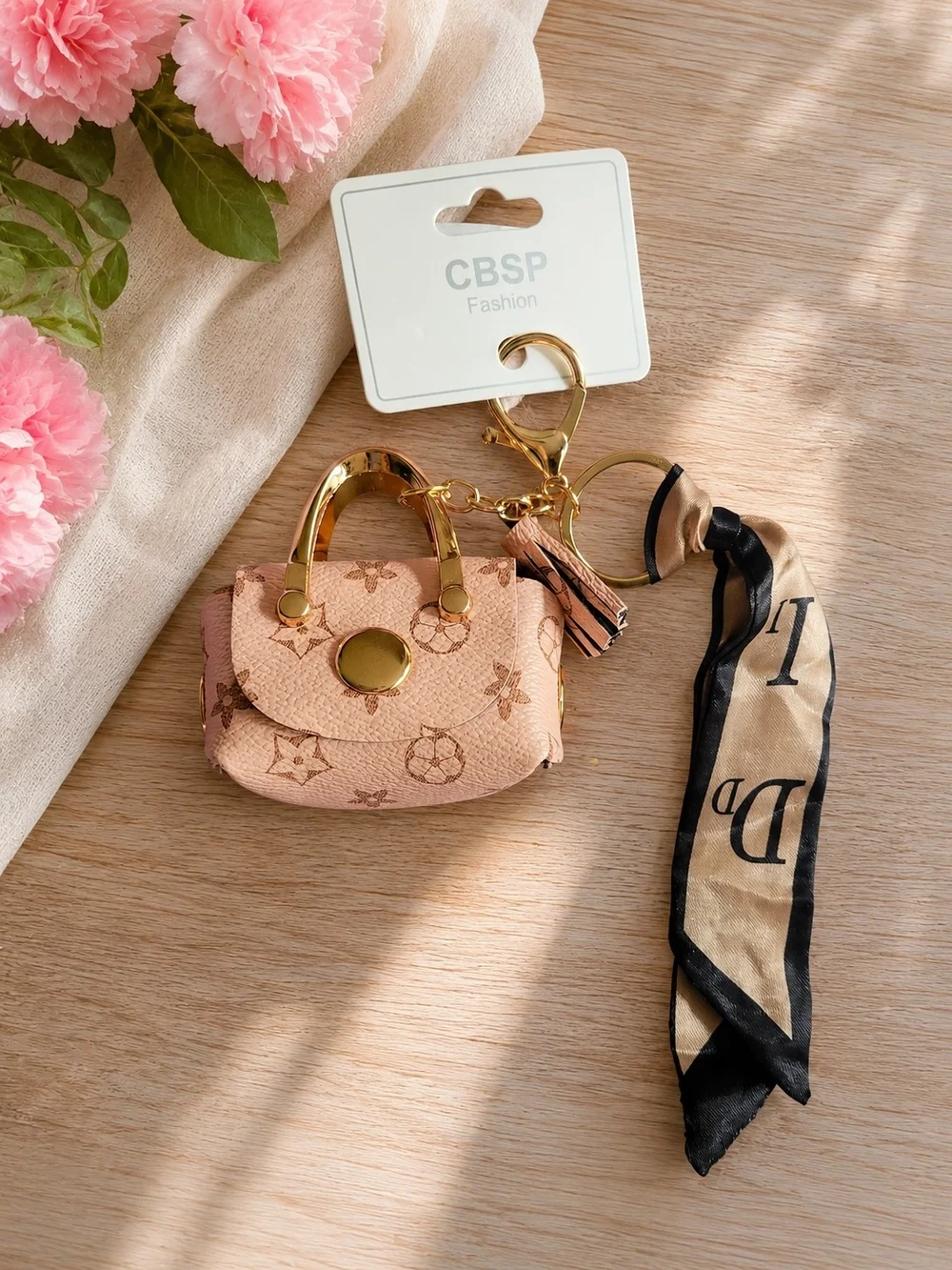 Blush Pink Mini Purse Keychain with Scarf Accent
